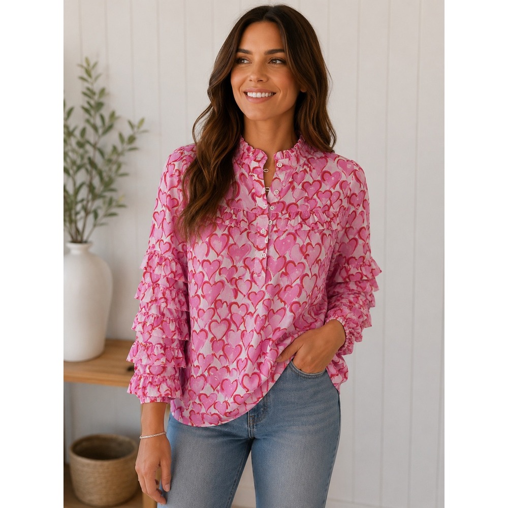Crown & Ivy Womens Large Pink White Heart Print Ruffle Clip Dot Cotton Blouse